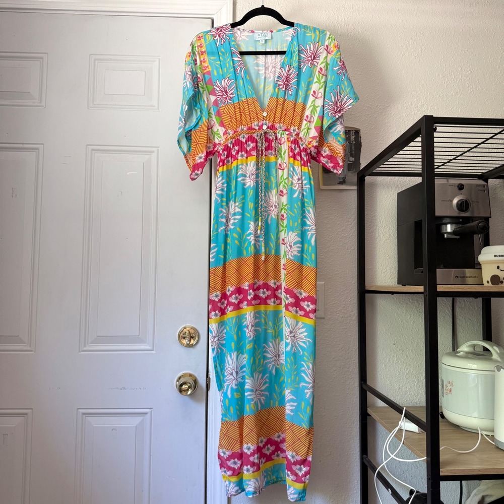 TAJ aqua teal floral tropical batwing dolman cover up beach swim midi maxi dress